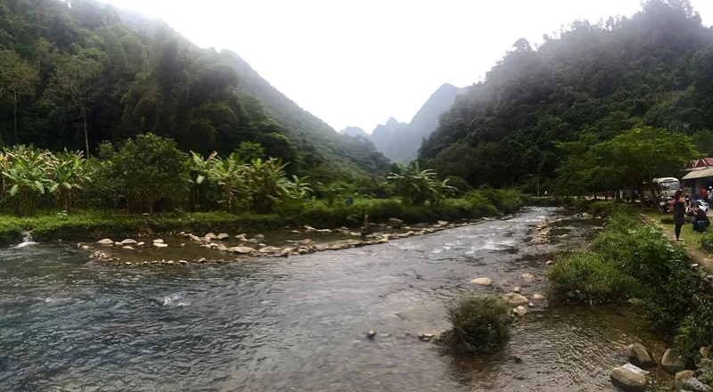 Suối đá uốn lượn giữa thung lũng xanh tươi, bao quanh bởi núi đá vôi mờ sương ở Cao Bằng.